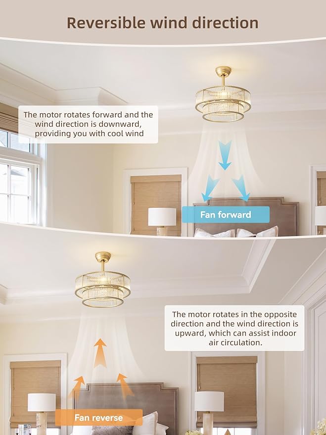 20" Gold Crystal fandelier Ceiling Fan with Lights,Gold Caged Chandelier Ceiling Fan with Light Remote Control,Enclosed Mid Century with 6 Speeds for Bedroom,Living Room,Nursery