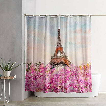 AILONEN Paris Tower Shower Curtain,Romantic Tower Theme Waterproof Fabric Shower Curtain Set for Girls Kids Teens, 36" W*72" H Pink Flowers Dreamy Eiffel Tower Shower Curtain
