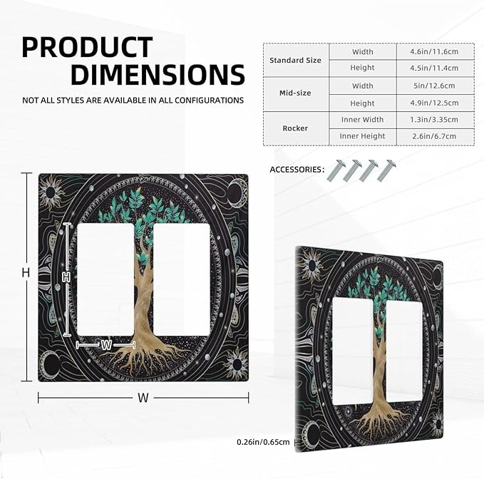Tree of Life Blackground 2 Gang Rocker Decora Light Switch Cover Decorative Hippie Sun Moon Star Outlet Covers Wall Plate Electrical Faceplate Switchcovers GFCI for Bathroom Bedroom Livingroom Decor