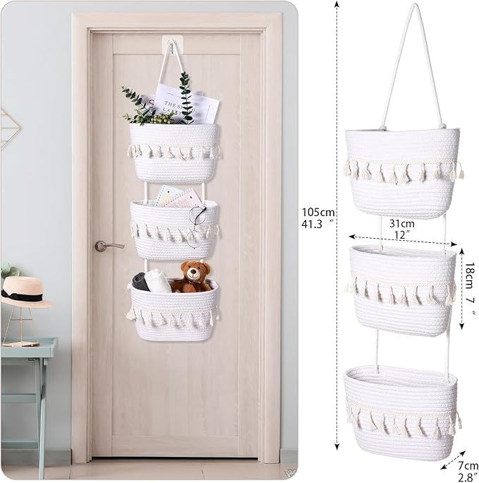 Over the Door Hanging Basket Boho Woven Wall Hanging Baskets 3-Tier Cotton Wall Mounted Storage Organizer Bag Macrame Decorative Hanging Baskets for Kitchen Laundry Room Stairs(White)