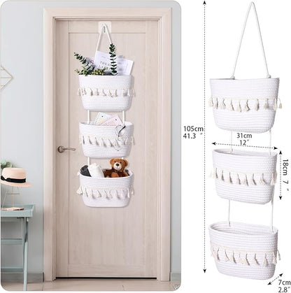 Over the Door Hanging Basket Boho Woven Wall Hanging Baskets 3-Tier Cotton Wall Mounted Storage Organizer Bag Macrame Decorative Hanging Baskets for Kitchen Laundry Room Stairs(White)