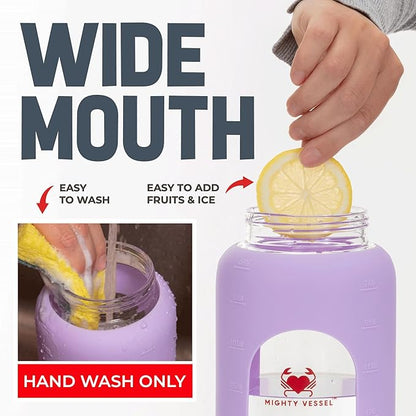 64oz Glass Water Bottle | Lavender Water Bottle with Straw & Time Marker | Half Gallon Water Bottle with Measurements & Silicone Sleeve | Suitable for Travel, Gym, & Daily Intake