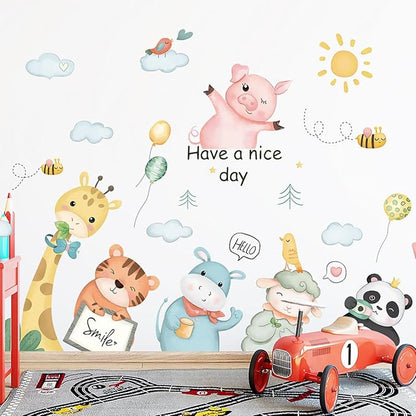 Cartoon Animals Wall Decals Animals Wall Stickers Watercolor Cloud Wall Decals Cute Balloon Animal Wall Stickers for Nursery Kids Room Playroom Decor