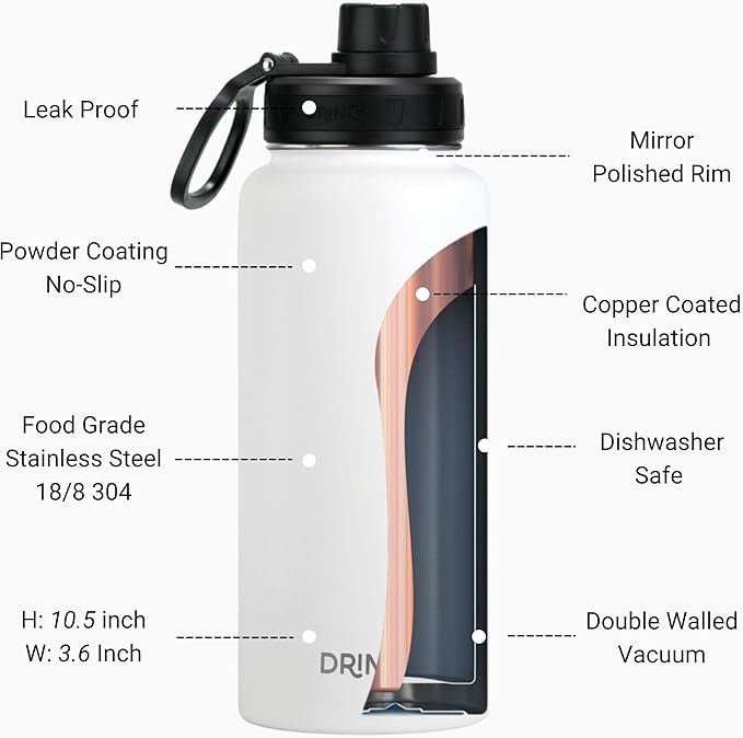 DRINCO Stainless Steel Water Bottle Spout Lid Vacuum Insulated Double Wall Water Bottle USA Flag Military Veteran (32oz Skull Artic White, 32oz)