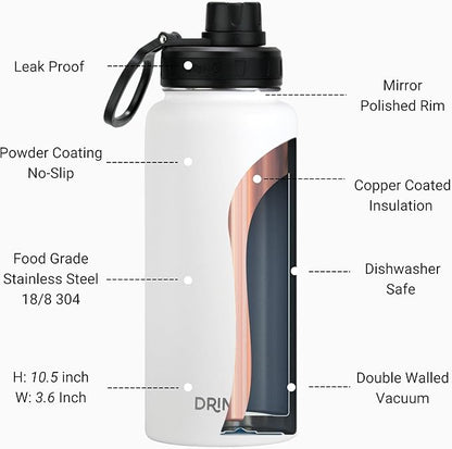 DRINCO Stainless Steel Water Bottle Spout Lid Vacuum Insulated Double Wall Water Bottle USA Flag Military Veteran (32oz Skull Artic White, 32oz)