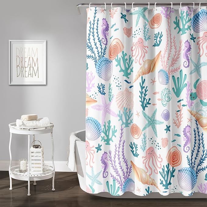 AILONEN Kids Ocean Shower Curtain for Bathroom,Funny Cute Octopus Fish Ocean Under Sea Coral Starfish Bath Curtain for Boys Girls, 72" W*78" H Art Waterproof Decor Fabric 12 Pack Hooks