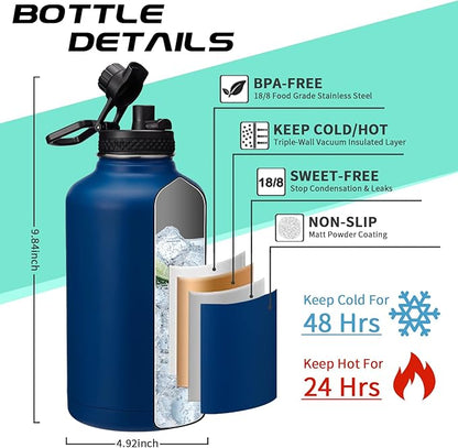 64OZ Insulated Water-Bottles with Straw - Spout Lid, Stainless Steel Metal Water Jug Keep Cold 48h/Hot 24h, Half Gallon Water Bottle w/ Paracord Handle & Carry Sleeve Strap for Hiking Camping Sport
