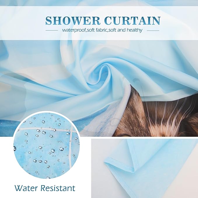Aimego Long Funny Shower Curtain - Bathing Cat Cute Kitten Taking Shower with Rubber Ducks Fabric Cloth Shower Curtain Set with 12 Hooks for Kids Bathroom Decor Accessories Bathtub Curtain, 72"x78"