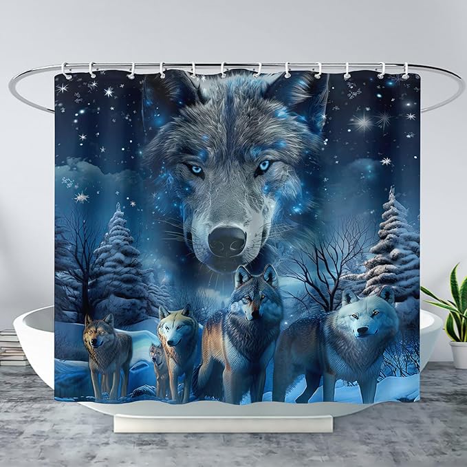AILONEN 3D Howling Wolf Shower Curtain for Bathroo,Night Galaxy Starry Wolf Safari Animal Print Boys Teen Decor Bath Curtain 48" W*72" H Polyester Fabric Waterproof Bathroom Curtain with 12 Hooks