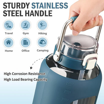 84oz Glass Water Bottle with Stainless Steel Handle,2.5L Gallon Water Bottle With 2-IN-1 Straw Lid, Silicone Sleeve and Motivational Capacity Marker, Wide Mouth Water Jug For Gym, Dark Blue
