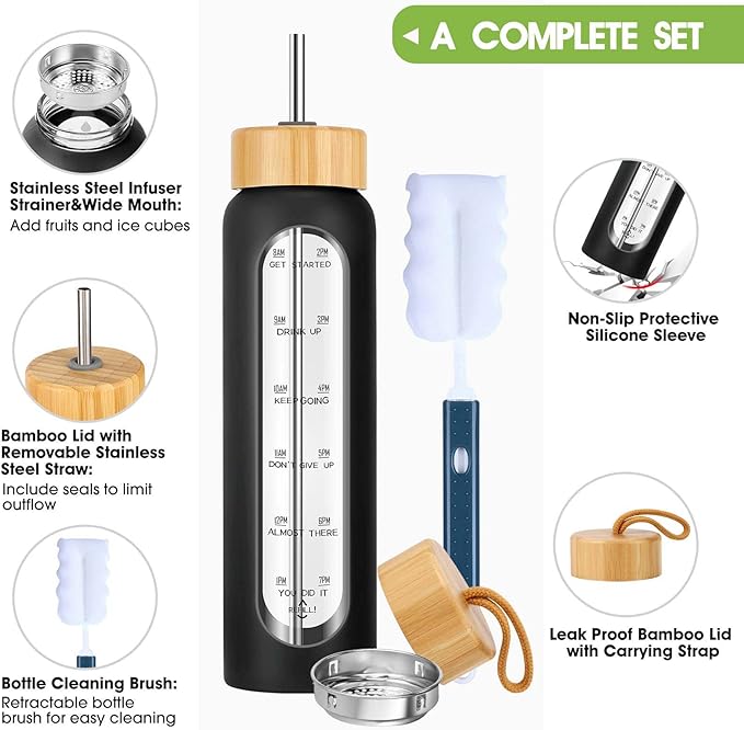 32 oz Glass Water Bottles with Straw - Motivational Glass Water Bottle with Time Marker & Silicone Sleeve - Reusable Glass Tumbler Includes 2 Bamboo Lids & Fruit Infuser - 1 Pack