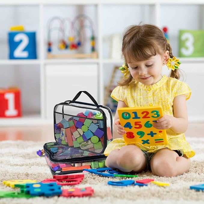 4 Packs PVC Toy Zippered Blocks, Travel Storage Case Bags for Organizing, Waterproof Toy Storage Bags with Mesh Pockets for Building Blocks, Puzzles, Clays,Toy Cars 13.3"Lx3" Wx10.4" H (Black).