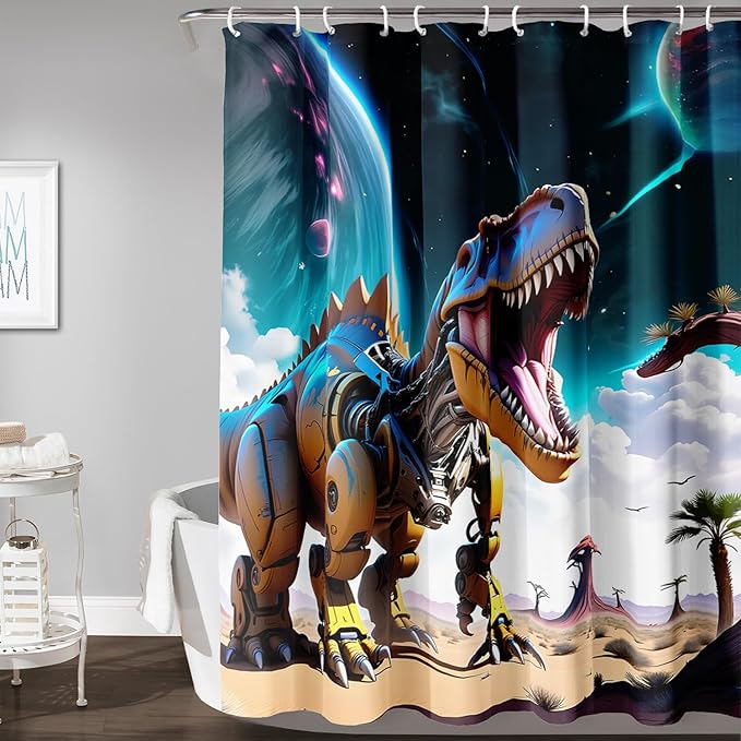 AILONEN Dinosaur Shower Curtain for Kids Boys Teens.Sky Blue Planet Dinosaur Bath Curtain for Bathroom,Machine Dinosaur Curtain Modern Polyester with 12 Plastic Hooks 72" W*84" H