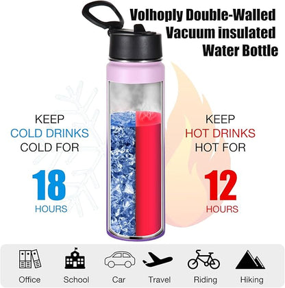 Volhoply 24 Ounce Insulated Water Bottle With Straw Lid,Stainless Steel Wide Mouth Sport Bottles With Handle,Double Wall Vacuum Thermos keep Cold,Reusable Travel Thermal Cups For Holder(Lavender,1)