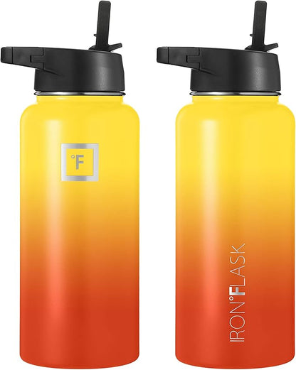 Iron Flask Sports Water Bottle - 32oz, 3 Lids (Straw Lid), Stainless Steel Vacuum Insulated, Hot Cold, Modern Double Walled, Simple Thermo Mug (Fire)