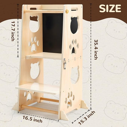 Collapsible Toddler Kitchen Step Stool With Chalkboard, Safety Rail, and Standing Tower for Kids 1-3