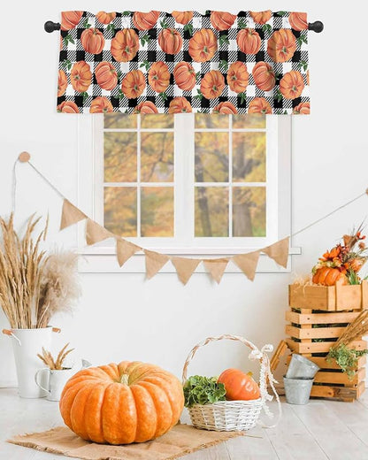 Fall Kitchen Curtains Valances for Windows Thanksgiving Halloween Pumpkins Rod Pocket Window Treatment for Kitchen /Living Room/Bedroom/ Bathroom,54" X 18" , Farmhouse Black White Buffalo Plaid
