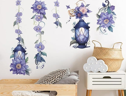 Hanging Flower Vine Wall Stickers Floral Lamp Wall Decals DIY Removable Peel and Stick Flower Vine Mural Art Decor for Living Room Bedroom TV Background Spring Party Decoration (Blue)