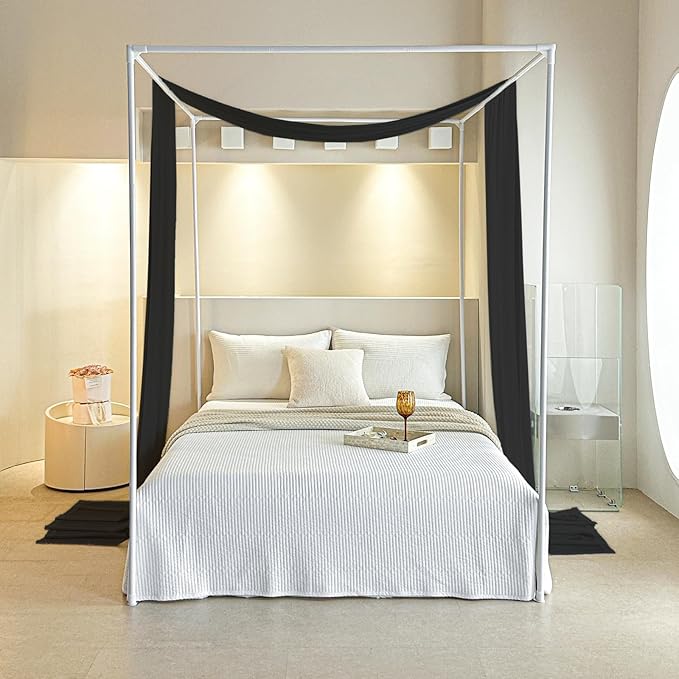 AIKASY Black Bed Canopy Scarf for Twin - Luxury Sheer Canopy Bed Curtains with Light - Suitable for Four-Poster Bed, Metal Bed Frame, Wood Bed Frame -1pic
