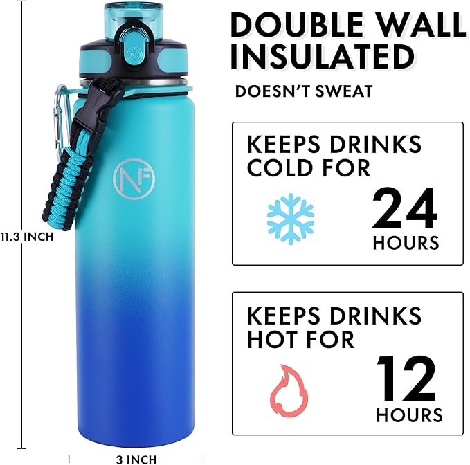 32 oz Insulated Water Bottle With Detachable Straw & Paracord Handle, Stainless Steel Thermos Water Bottle with Leakproof Lockable Lid, BPA-Free Sports Bottle (Lake Blue Gradient)