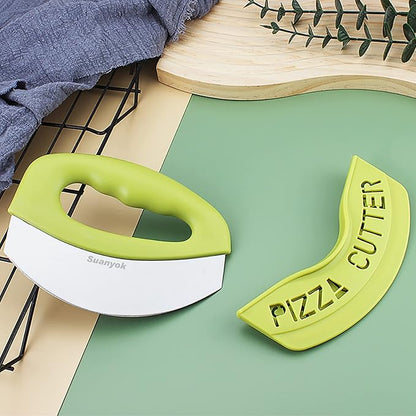 Premium Pizza Cutter Food Chopper-Super Sharp Stainless Steel Pizza Cutters Rocker/Slicer/Blade/Knife with Cover Multi Function Kitchen Tools,Dishwasher Safe(Green)