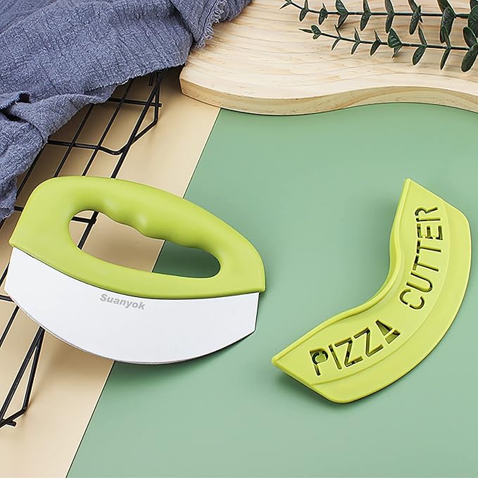 Premium Pizza Cutter Food Chopper-Super Sharp Stainless Steel Pizza Cutters Rocker/Slicer/Blade/Knife with Cover Multi Function Kitchen Tools,Dishwasher Safe(Green)