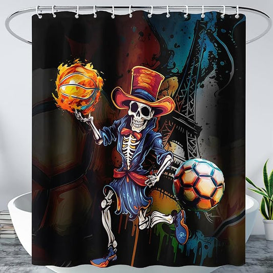 AILONEN Sugar Skull Shower Curtain,Funny Skull Skeleton Design Shower Curtain Set with Hooks for Boys Girls Teens,Skeletons Playing Balls Waterproof Fabric Shower Curtain for Bathroom,72" W*84" H