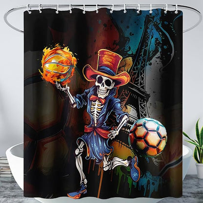 AILONEN Sugar Skull Shower Curtain,Funny Skull Skeleton Design Shower Curtain Set with Hooks for Boys Girls Teens,Skeletons Playing Balls Waterproof Fabric Shower Curtain for Bathroom,48" W*72" H