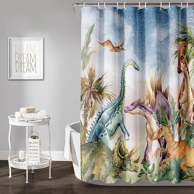AILONEN Dinosaur Shower Curtain 72" W*78" H for Bathroom,3D Tropical Dinosaur Bathroom Shower,Cartoon Dinosaur Boys Bath Curtain Polyester Waterproof Shower Curtain with 12 Hooks