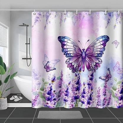 AILONEN Girls Butterfly Shower Curtain for Bathroom,Purple Blooming Lavender Flower Floral Butterfly Printed Bath Curtain 72" W*78" H Polyester Fabric Waterproof Bathroom Curtain with 12 Hooks