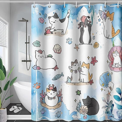 AILONEN Watercolor Cat Shower Curtain for Bathroom, Cute Cat Princess Shell Waterproof Bath Curtain,Cat Lover Minimalist White Curtain with 12 Plastic Hooks(48" W*72" H)