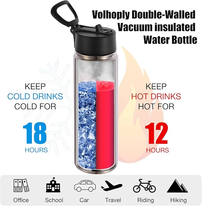 Volhoply 24oz Insulated Water Bottle With Straw Bulk 8 Pack,Metal Wide Mouth Water Bottles With Handle Lid Keep Cold,Reusable Double Wall Thermos,Powder Coated Sport Bottle For Holder(silver,8 count)