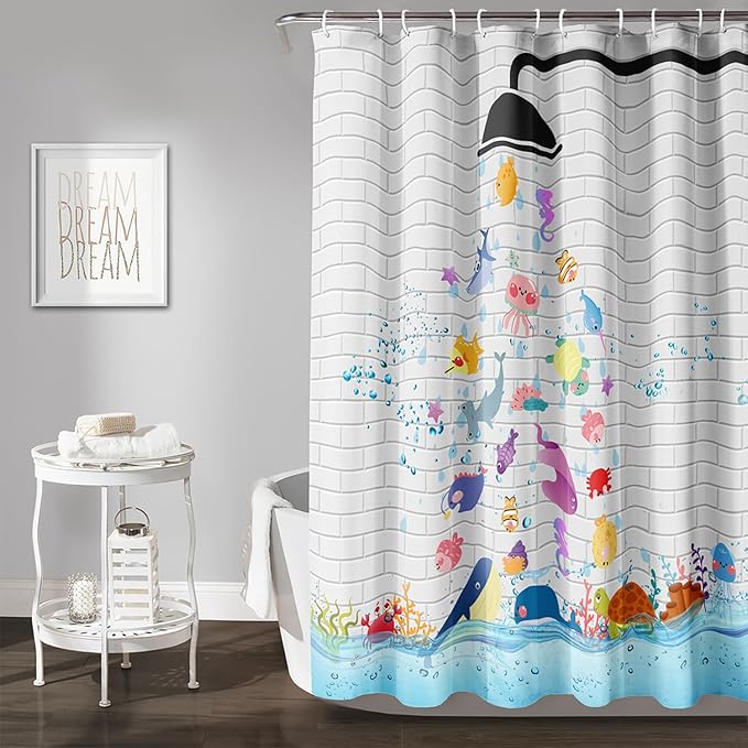 AILONEN Cute Fish Shower Curtain for Kids 72" W*96" H Inch,Raining Marine Animal Playing Water Shower Curtains,12 Pack Hooks Polyester Waterproof Fabric Decor for Bathroom Bathtub Panels