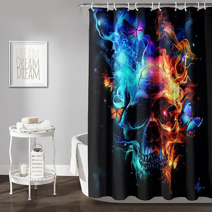 AILONEN Sugar Skull Shower Curtain for Bathroom,Blue and Red Smoky Skull Bath Curtain Decoration,Starry Butterfly Skull Skeleton Print Waterproof Shower Curtain with 12 Plastic Hooks, 72" W*96" H