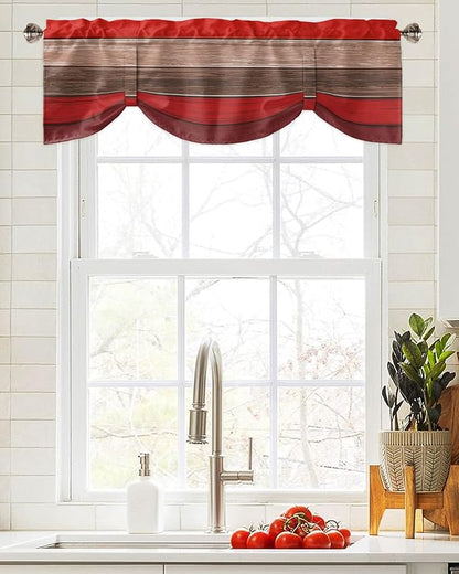 Farmhouse Blackout Tie Up Valance Curtains for Kitchen Windows, Christmas Red Brown Window Toppers Balloon Shades for Living Room/Bathroom/Bedroom,1 Panel,42" X 12" Retro Rustic Barn Wood Texture