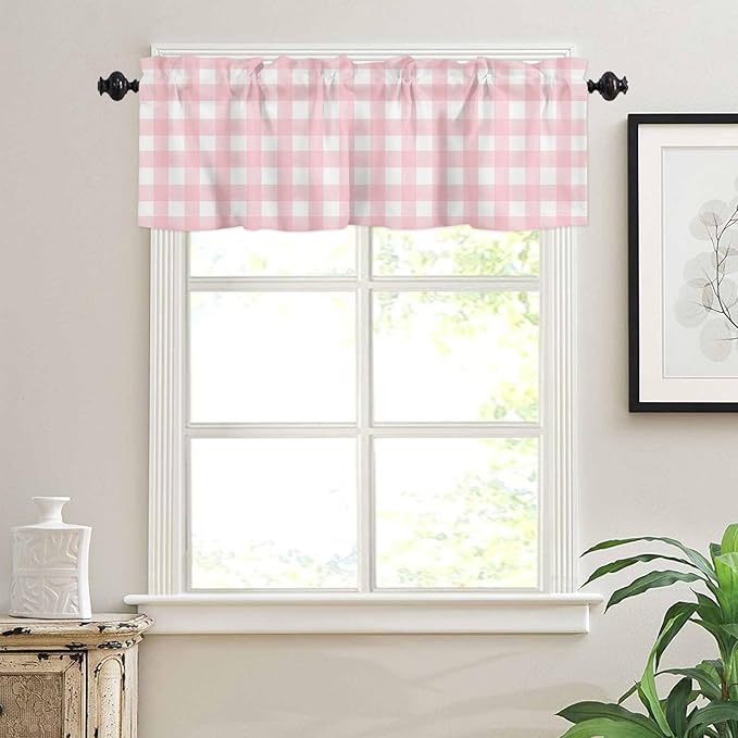 Christmas Valance Curtains for Kitchen Windows Rustic Pink White Buffalo Check Plaid Pattern Rod Pocket Window Treatment Toppers for Kitchen/Living Room/Bedroom/Bathroom, 42" X 12", Farmhouse
