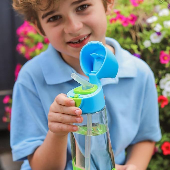 b.box 15oz Tritan Straw Bottle: Kids Water Bottle for Toddlers & Up. Spill Proof, Leak Proof, BPA Free. Great for School/Daycare or Next Step after Sippy Cups (Blue Slate)