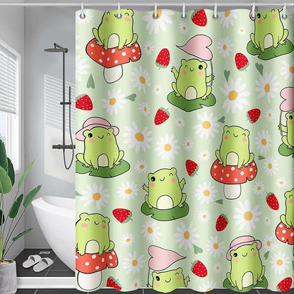 AILONEN Cute Frog Shower Curtain for Bathroom, Kawaii Strawberry and Frog Bath Curtain,Mushroom Frog Kids Girls Waterproof Curtain with 12 Plastic Hooks(48" W*72" H)