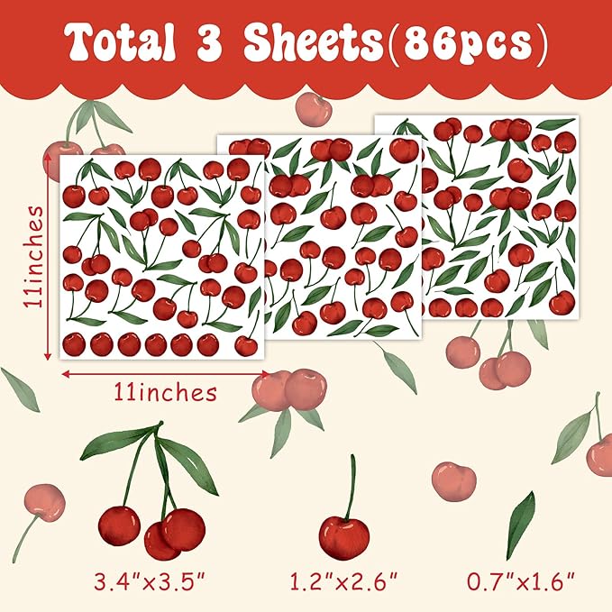 Red Cherry Wall Decals Cherries Fruit Wall Stickers Peel and Stick Kitchen Wall Stickers Removable Boho Green Leaves Wall Decals Watercolor Fruit Leaf Stickers for Nursery Bedroom Decor