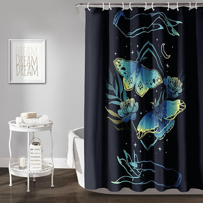 AILONEN Blue Moth Shower Curtain,Flora Death Moth Bath Curtain for Bathroom Decor,Polyester Waterproof with 12 Plastic Hooks 72" W*72" H