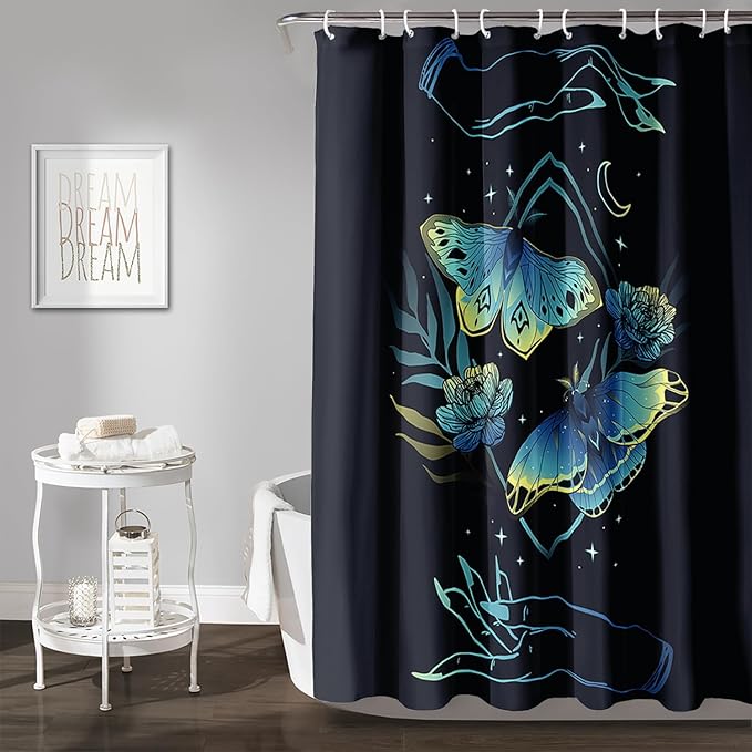 AILONEN Blue Moth Shower Curtain,Flora Death Moth Bath Curtain for Bathroom Decor,Polyester Waterproof with 12 Plastic Hooks 48" W*72" H