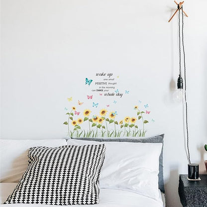 CREATCABIN 4pcs Sunflower Vinyl Wall Decals Butterfly Inspirational Quotes Wall Stickers Self-Adhesive Peel and Stick Watercolor Mural Decoration for Bedroom Living Room Kitchen Wardrobe Door Playroom