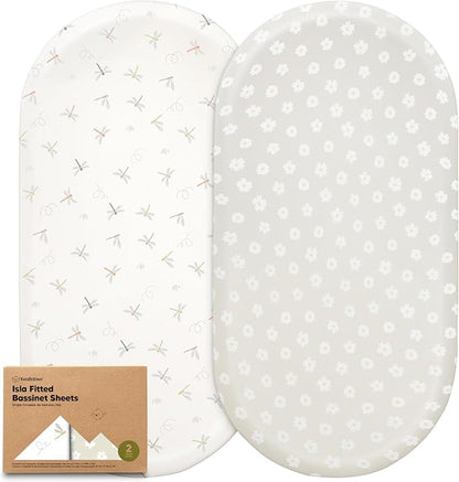 2-Pack Baby Bassinet Sheets Girl, Boy - Viscose Derived from Bamboo Fitted Bassinet Sheets Compatible with Halo Bassinest Swivel Sleeper, Baby Delight, Graco Bedside Bassinet Mattress Sheet (Meadow)