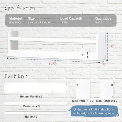 24 Inch Wide Bookshelf for Kids Room Wall Decor, Floating Nursery Book Shelves for Baby Children Teens Bedroom, Corner Hanging Bookshelves Wall Mounted for Classroom Library (White)