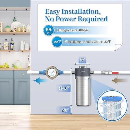 Stainless Steel Whole House Water Filter System, Fits Both 1”and 3/4” Inlet/Outlet – Reduce Sediment, Rust and Grit, Improve Tap Water Taste, Protect Appliances (1 Filter Included)