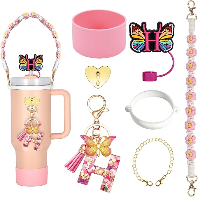 SPORCLO Stanley Cup Accessories Include Silicone Stanley Straw Cover, Butterfly Letter Keychain Charms, Water Bottle Handle Strap, Boot and Chain for Stanley Cup 30oz 40oz Tumbler