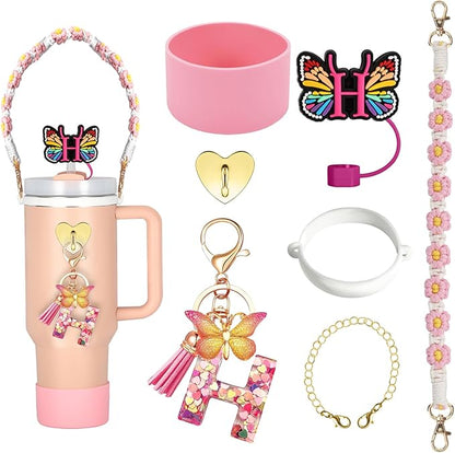 SPORCLO Stanley Cup Accessories Include Silicone Stanley Straw Cover, Butterfly Letter Keychain Charms, Water Bottle Handle Strap, Boot and Chain for Stanley Cup 30oz 40oz Tumbler