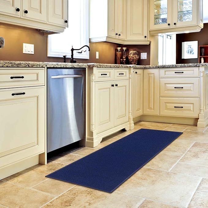 Machine Washable Modern Solid Design Non-Slip Rubberback 2x5/2x3 2PCS Set Traditional Runner Rug/Area Rug for Hallway, Kitchen, Entryway, Bathroom, 2 Piece Set - 20" x 59" / 2'3" x 3', Navy