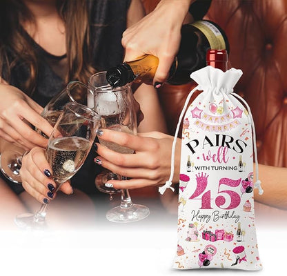 45th Birthday Gifts for Women Men Wine Bag, 45 Year Old Birthday Gifts for Men, 45th Birthday Party Decorations for Women Men, Pairs Well with Turning 45 Wine Bags (White Pink)