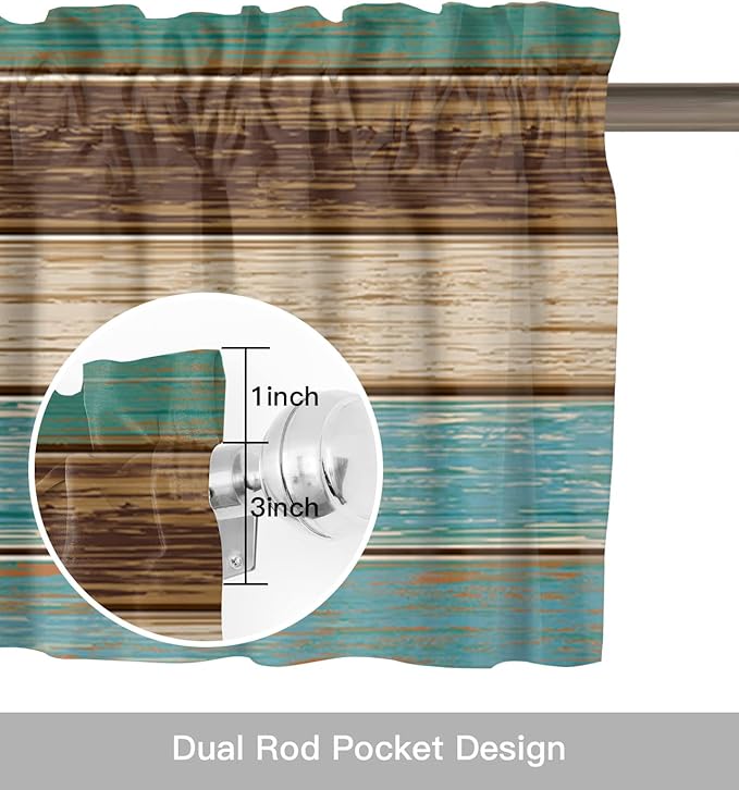 Farmhouse Kitchen Curtains Valances for Windows Teal Turquoise Green Brown Country Rod Pocket Window Treatment for Kitchen /Living Room/Bedroom/ Bathroom,42" X 18" -1 Panel, Retro Rustic Barn Wood